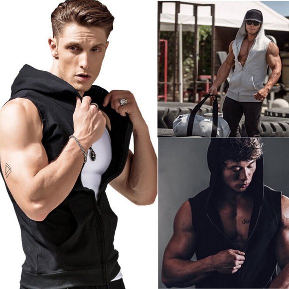 Men's Sleeveless Zipper Hoodie Hooded Workout Gym Sport Vest Tank Top - Picture 2 of 5
